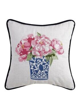 Peking Handicraft NWT 16" Peony & Chinosorie Embroidered Cotton Throw Pillow